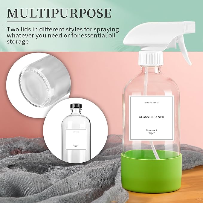 2 Pack Glass Spray Bottles with Silicone Sleeve,16oz Clear Glass Spray Bottles Refillable Empty Bottle with Adjustable Nozzle,Spray Bottle for Essential Oils,Cleaning Solutions,Pets,Hair