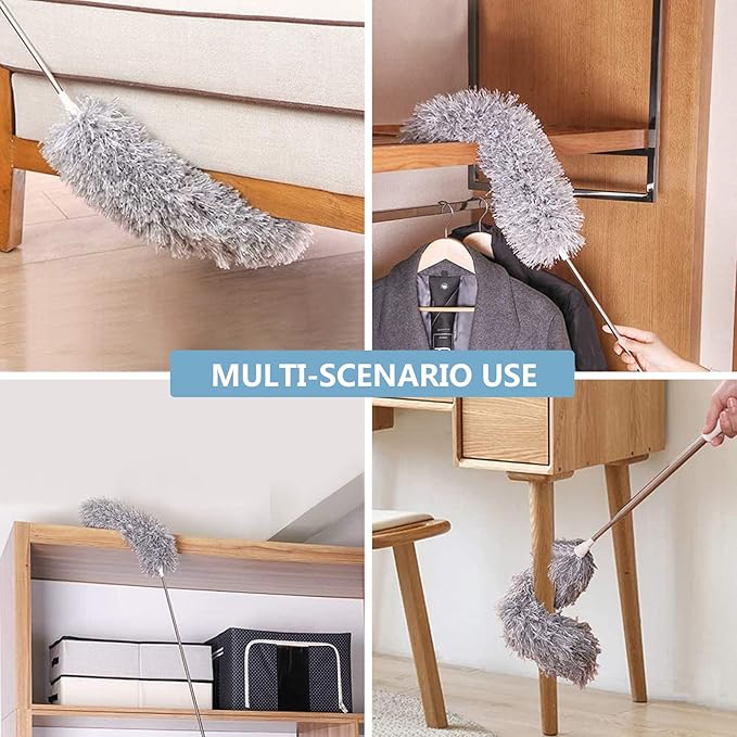 Microfiber Duster with Extension Pole(Stainless Steel) 30 to 100'', with Bendable Head, Extendable Long Duster for Cleaning Ceiling Fan, High Ceiling, Keyboard, Furniture Cars