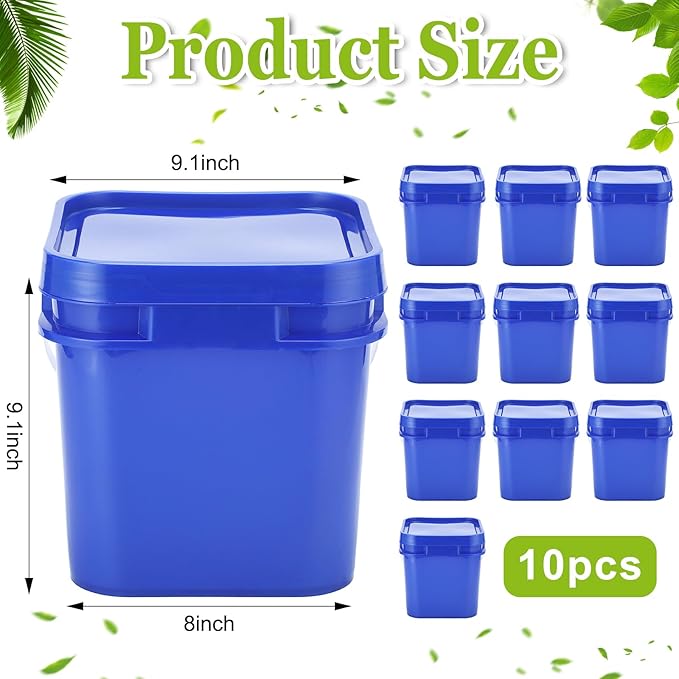 Suzile 10pcs 2.2 Gallon Square Bucket with Lid Food Grade Plastic Bucket 10L Utility Industrial Pail with Handle Container for Food Oil Tub Water Fishing Paint House Cleaning Car Washing (Blue)