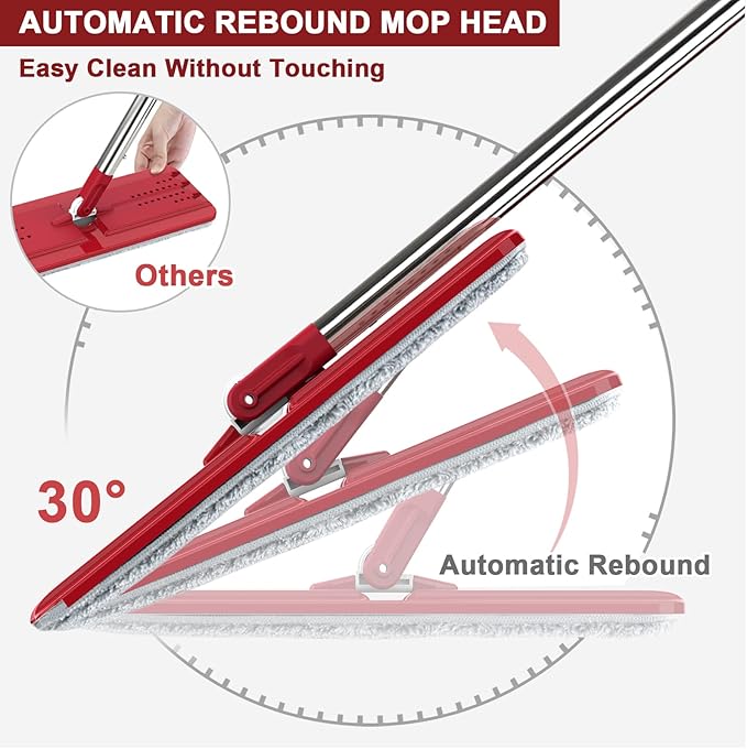 Hands-Free Mop and Bucket Set with 3 Washable Pads, Wet/Dry Floor Cleaning System, Red/Black