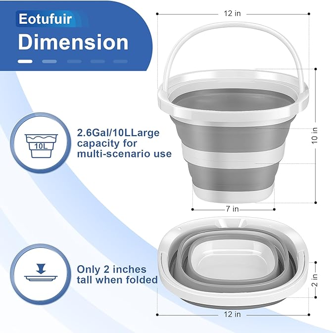 1Pack Collapsible Bucket 2.6Gal (10L) - Folding Bucket for Camping, Car Wash, Gardening, Cleaning & Outdoor | Portable Space-Saving Design with Handle, Easy to Carry & Store
