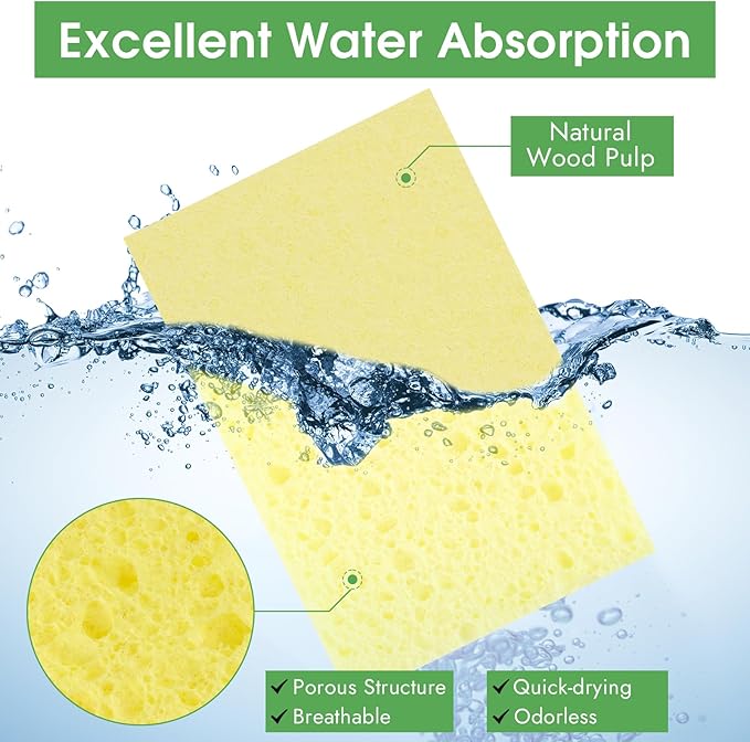 12 PCS Dish Sponges Kitchen, Non Scratch Cleaning Sponge for Non Stick Cookware, Natural Compressed Cellulose Wash Scrub for Household Bathroom, Soft Washing Scrubbers (Yellow)