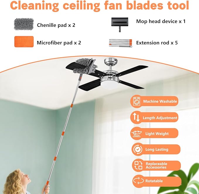 Ceiling Fan Cleaner Duster, Ceiling Fan Duster with 37"-80" Adjustable Length, Ceiling Fan Blade Cleaner Bidirectional 180° Rotation for Ceiling Fan, Window Walls Floor