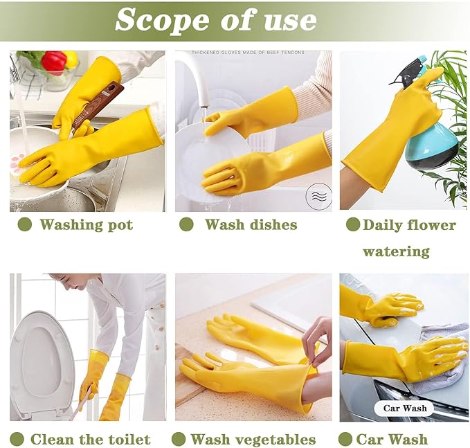 8 Pairs Reusable Household Cleaning Gloves, Rubber Kitchen Dishwashing Gloves,Extra Thickness, Long Sleeves, for Washing Dishes, Pet Care(Medium, Yellow)