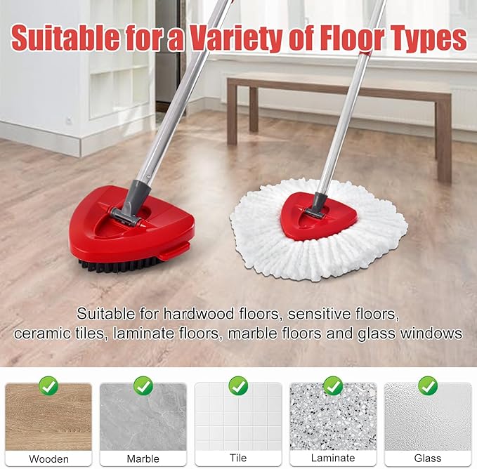 Spin Mop Heads Replacements for O Ceda EasyWring 1-Tank System, 4-Section Stainless Steel Mop Handle, 2 Microfiber Mop Head Refills, 1 Base and 1 Scrub Brush Combo Set for Floor Cleaning