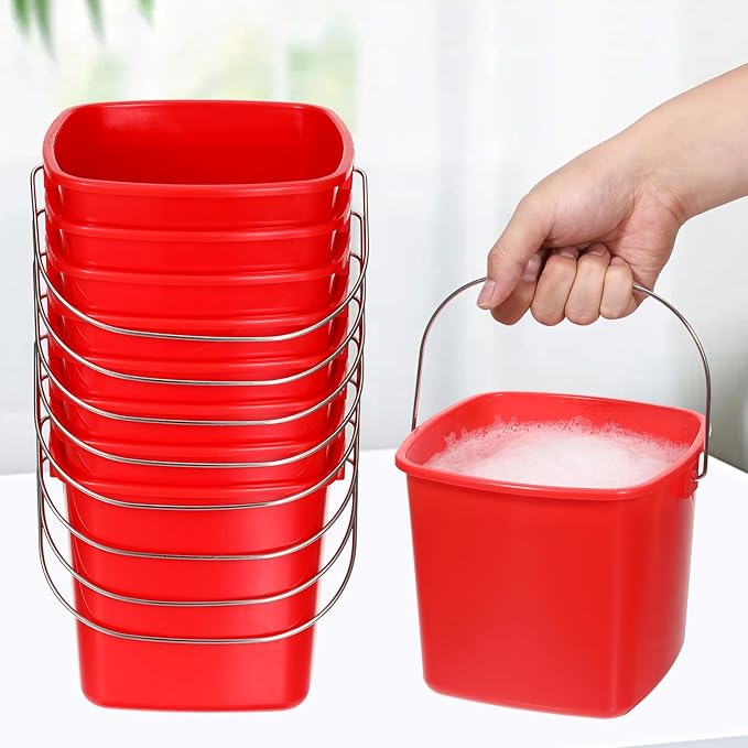 8 Pcs Cleaning Buckets, 3 Quart Square Cleaning Bucket Plastic Small Bucket with Stainless Steel Handle for Restaurant Kitchen Home Offices School