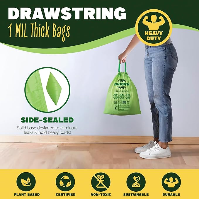 2.6-3 Gallon Compostable Trash Bags Drawstring 50 Bags Extra Thick 1 Mil 11.36 Liter Small Biodegradable Trash Bags for Kitchen Countertop Bin ASTM D6400, US BPI and OK Compost Home Certified