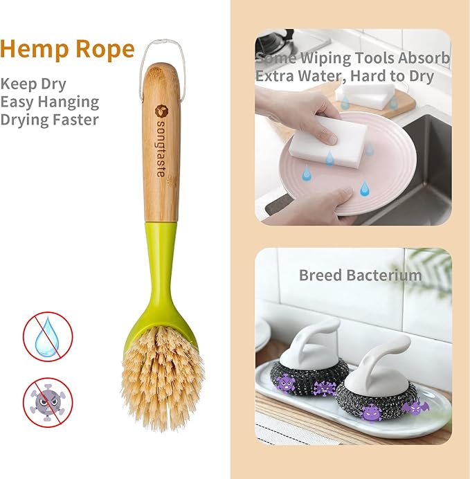 2 Pack Kitchen Dish Brush Bamboo Handle Dish Scrubber Built-in Scraper, Scrub Brush for Pans, Pots, Kitchen Sink Cleaning, Dishwashing and Cleaning Brushes are Perfect Cleaning Tools, Color-Green