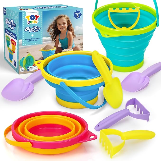 TOY Life 9 Pack Sand Buckets Toys Set with 3 Collapsible Beach Buckets 3 Shovels and 3 Rakes, Toddlers Beach Toys for Kids Ages 4-8 for Camping, Traveling, Fishing, Outdoor Summer Parties