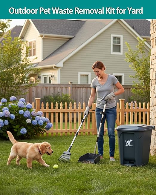 Dog Poop Trash Can Outside with Metal Rake & Tray – 20L Outdoor Pet Waste Bin with Foot Pedal Lid & 100 Bags – Waterproof Odor Control Heavy Duty Pooper Scooper for Yard & Large Dogs
