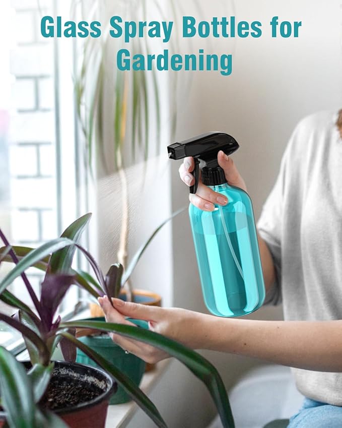 Glass Spray Bottle, Light Blue Glass Spray Bottle Set & Accessories Refillable for Plants Window Cleaners Aromatherapy Facial hydration Watering Flowers Hair Care (2 Pack/16oz) (Light Blue)