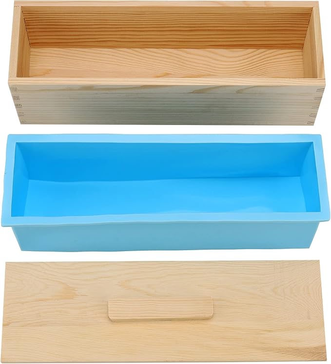 3 Set 42 oz Silicone Soap Molds, Rectangular Bar Loaf Soap Making Mold Kit with Wood Boxes and Lids, Flexible Soap Molds for Soap Making Supplies, DIY Homemade Soap, Craft, Blue