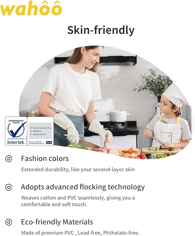 wahoo Skin-Friendly Cleaning Gloves, Reusable Dishwashing Gloves with Flocked Cotton Liner, Dishwashing, Kitchen, Canary Green, Large