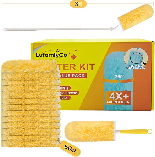 60ct 360° Heavy Duty Duster Refills Kit for Swiffer Duster, 4X Dust Capture Power with Microfiber, Disposable Feather Dusters for Cleaning Ceiling Fan, Cobweb, Car,1 Extended &1 Short Handle