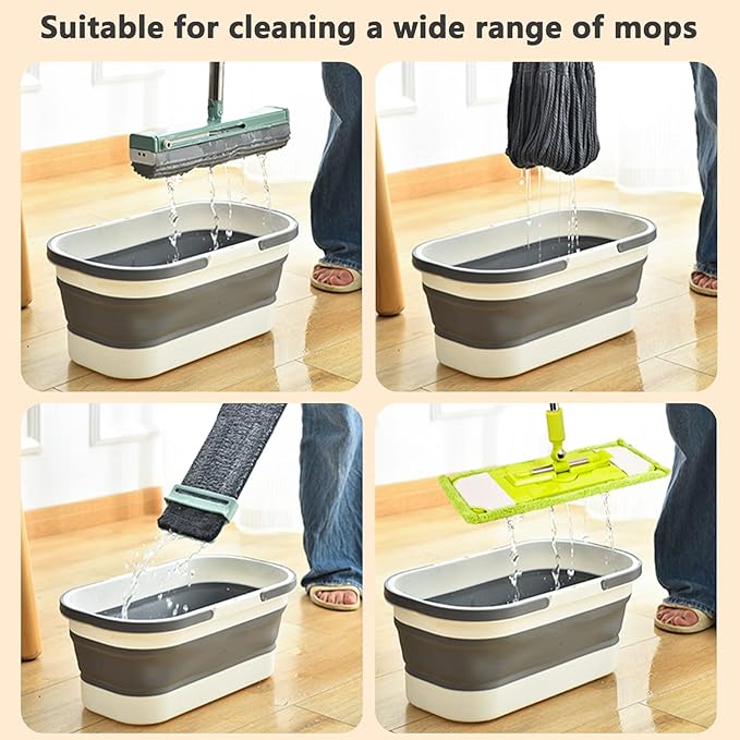Collapsible Plastic Bucket with Wheels 12L (3.17 Gallon) for House Cleaning, Camping, and RV - Multi-Purpose Rectangular Handy Basket for Cleaning Mop - Lightweight and Portable (Grey)