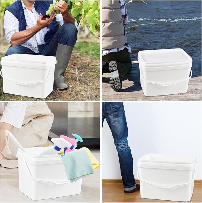 Kekow 5 Gallon White Square Food Plastic Bucket with Lid, 4 Pcs Utility Plastic Rectangular Bucket Pail with Lid and Handle