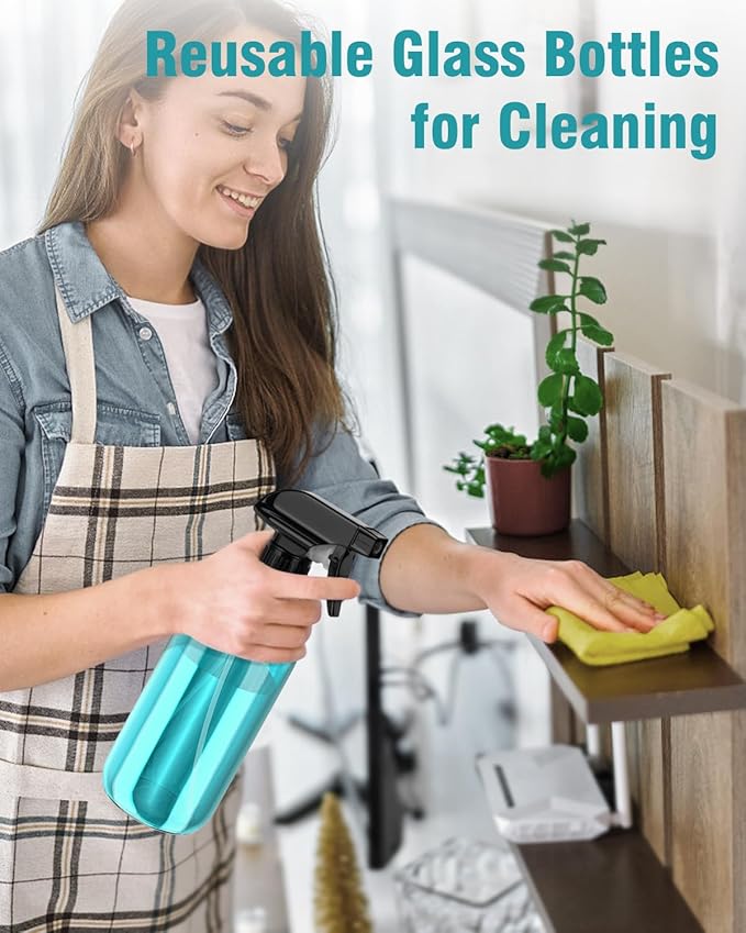 Glass Spray Bottle, Light Blue Glass Spray Bottle Set & Accessories Refillable for Plants Window Cleaners Aromatherapy Facial hydration Watering Flowers Hair Care (2 Pack/16oz) (Light Blue)