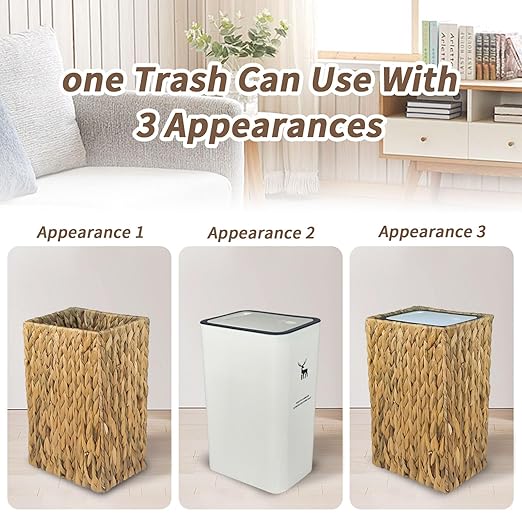 Wicker Trash Can,3 Gallon Wicker Waste Basket,Boho Handwoven Trash Can with Lid for Kitchen Bathroom Office