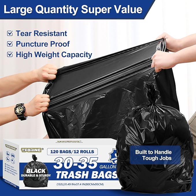 30-35 Gallon Black Trash Bags 120 Count - 32" x 37" Large Garbage Bags, 30+ Gallon Strong Trash Can Liners for Home, Commercial Use,Yard Waste, Bulk