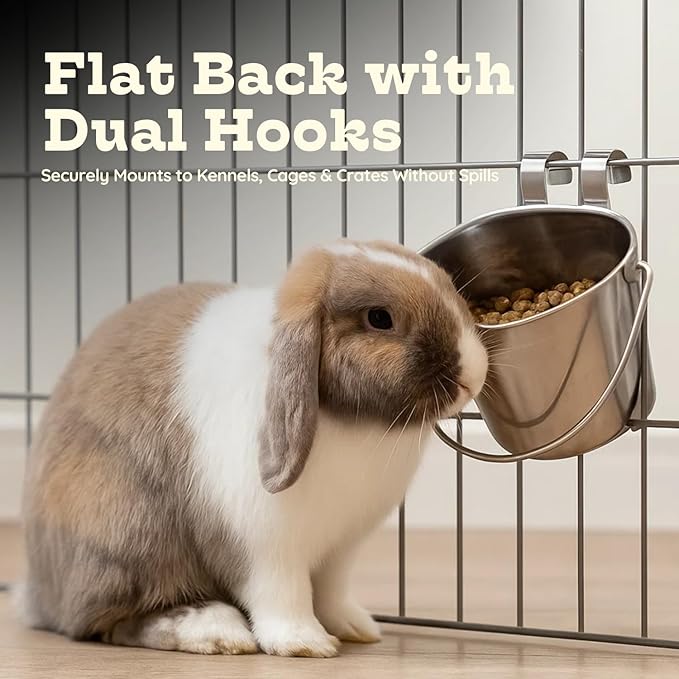 2 Quart Stainless Steel Flat Sided Bucket with Dual Hooks | Durable Food & Water Bowl for Dog Cat Bird & Small Animals | Fits kennel Cage Critter Crate Hanging Pet Pail | Multipurpose use