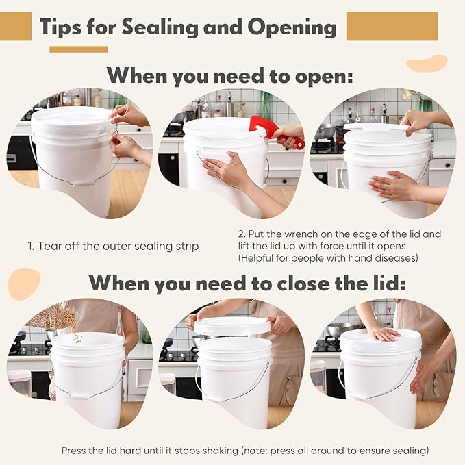 4 Pack 5 Gallon Plastic Bucket with Airtight Lid for Food Storage Heavy Duty Reusable White Bucket Pail Container with Metal Handles and Plastic Grip, with 2 Pcs Red Lid Opener