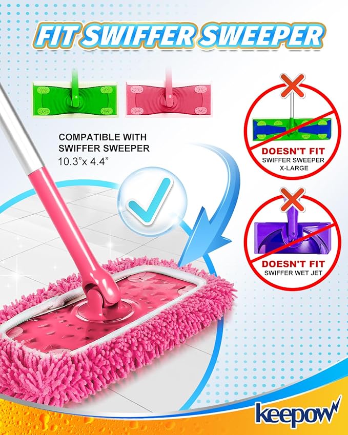 Reusable Microfiber Mop Pads Compatible with Swiffer Sweeper- 2 Pack Dry Sweeping Cloths & Wet Mopping Cloths - Washable Wet Pads Refill for Mopping Floors (Mop is not Included)