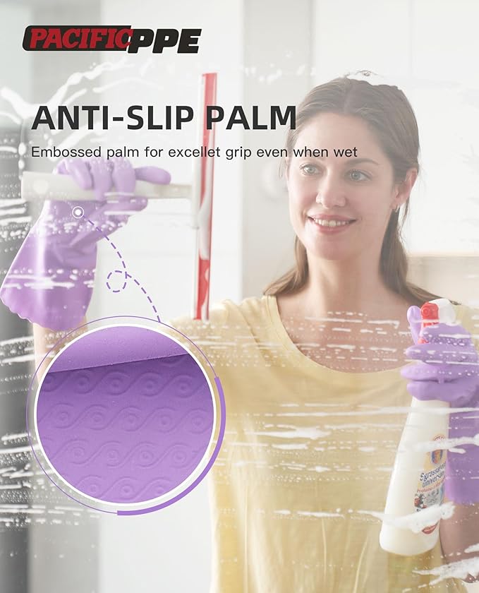 PACIFIC PPE 4 Pairs Reusable Dishwashing Cleaning Gloves with Latex Free, Cotton Lining, Kitchen Gloves, Purple, Small