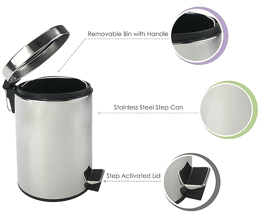 Stainless Steel Small Trash Can with Lid & Step Pedal - 5 Liters/1.3 Gallon Soft Close Waste Basket with Removeable Inner Bucket - Garbage Can for Bathroom, Bedroom, Kitchen & Office (Chrome)