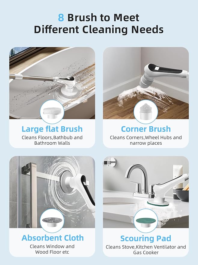 Electric Spin Scrubber,Cordless Shower Scrubber with Power Display Screen,IP68 Waterproof Bath Cleaning Brush,Adjustable Extension Handle & 2 Speeds,Electric Cleaning Brush for Bathroom,Kitchen,Tub