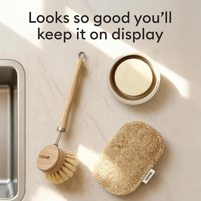 Vove Cleaning Duo, Bamboo Dish Brush Set and Natural Dish Sponges, FSC-Certified Bamboo, Sisal, Loofah, Cellulose, Plastic-Free, Eco-Friendly Zero-Waste Kitchen Dish Scrubber Set