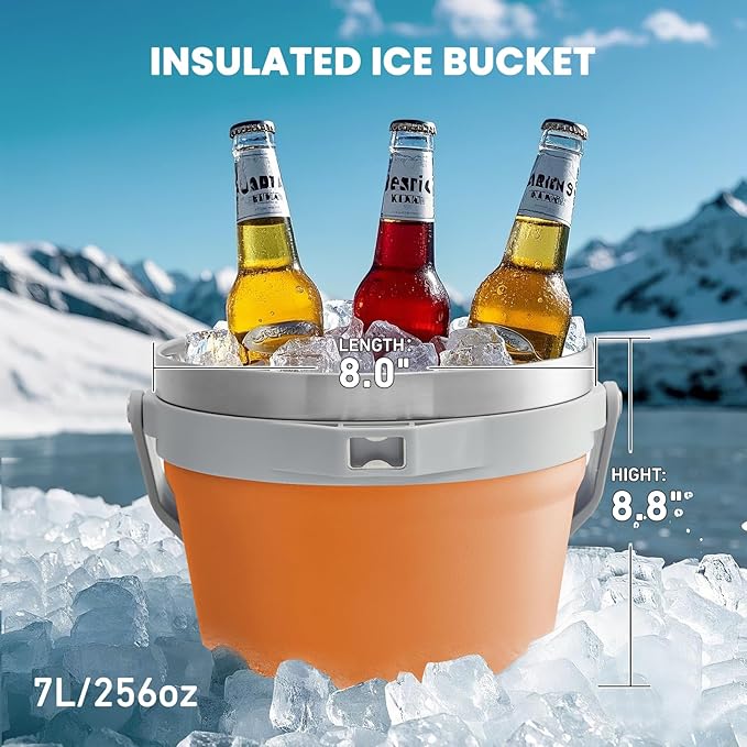 COKTIK 7L Insulated Ice Bucket with Lid，Double Wall Vacuum Stainless Steel Beverage Bucket Keeps Frozen Longer，Holds 6 Longnecks or 3 Bottles of Wine，for Cocktail, Champagne, Large Parties(Orange)