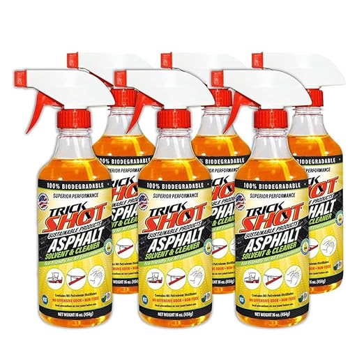 Trick Shot Asphalt Solvent and Cleaner - Biodegradable Industrial Degreaser for Paving Equipment & Tools - Eco-Friendly Remover of Tar, Tack, Sealcoating Oil, & Bitumen, Made in USA (6-Pack)