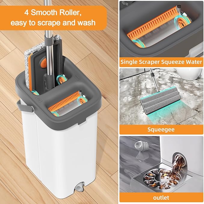 MUEE Mop and Bucket with Wringer Set for Home, Flat Mop and Bucket Set for Floor Cleaning and Window Wall Cleaner, Wet and Dry Mop with Long Handle and 4 Microfiber Pads