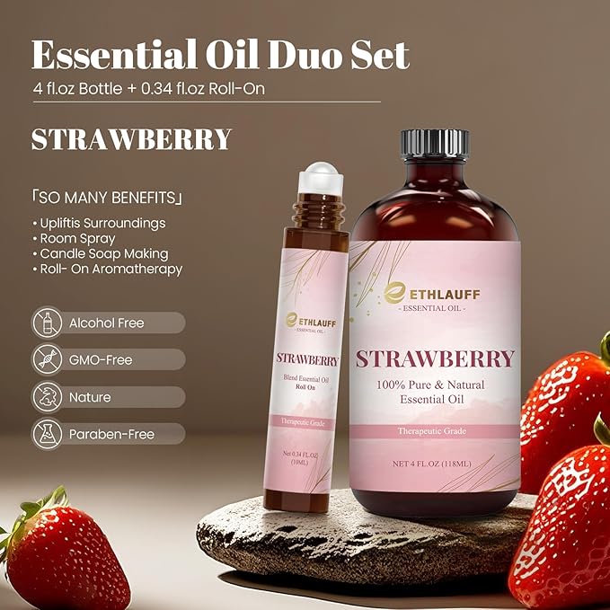 Strawberry Essential Oil (4 fl.oz Bottle + 0.34 fl.oz Roll-On) — Strawberry Oils for Aromatherapy, Diffusers, Humidifiers, Home fragrances, DIY Skincare, Candle, Soap Making, Relaxation, Yoga