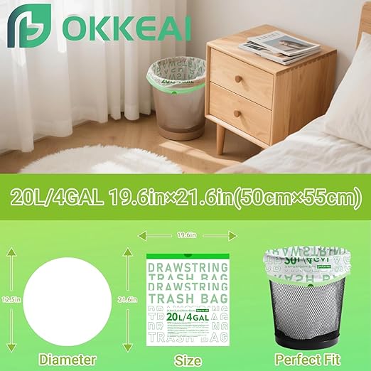 OKKEAI 4 Gallon Green Drawstring Trash Bags, Printed Unscented Heavy Duty Small Garbage Liners for Kitchen & Bathroom – 90 Count Leak-Proof