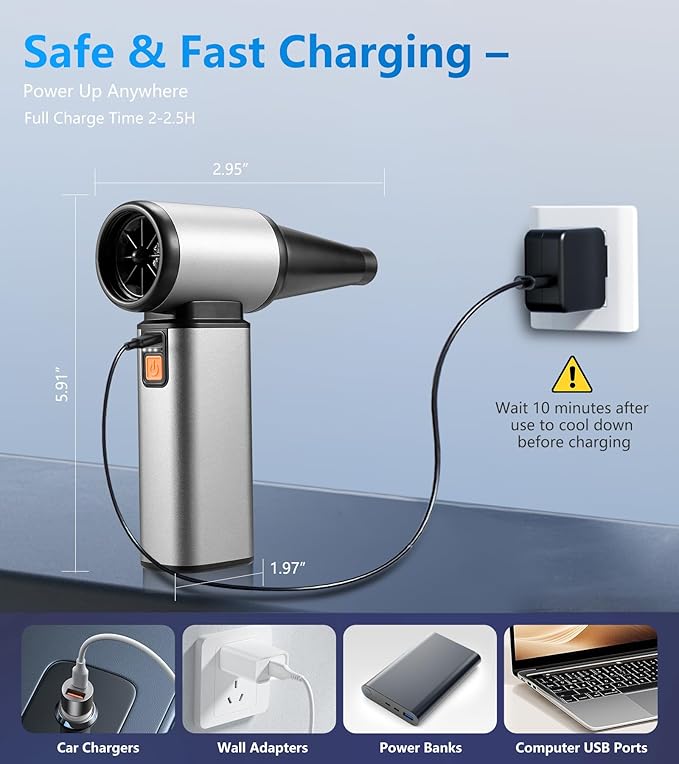 Jiaao 320000RPM Electric Air Duster, Stepless Adjustable Cordless Air Blower with Brushless Motor, 10000mAh Rechargeable Dust Cleaner for Computer/Keyboard/Car/Home/Outdoor, Replace Canned Air