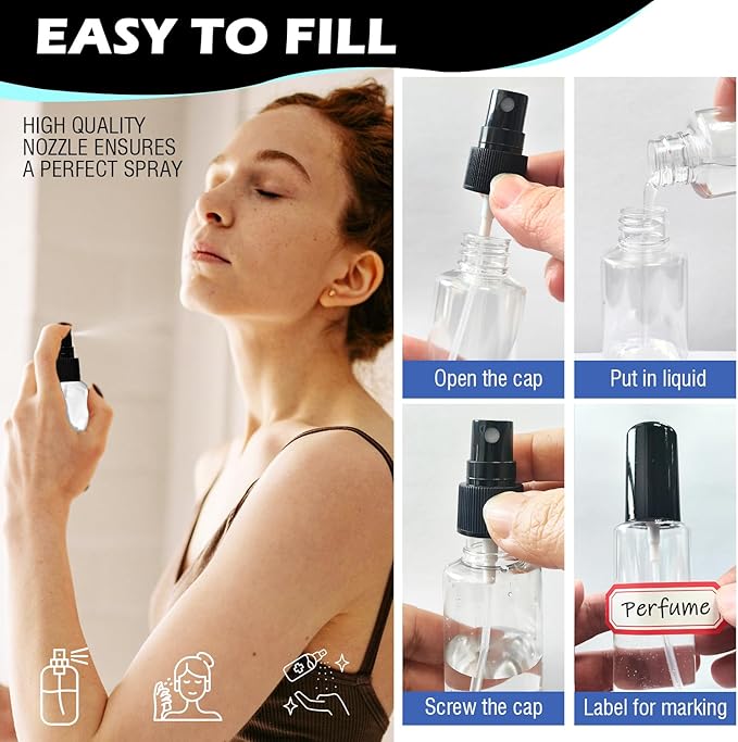 10 Pack 2oz/55ml Plastic Spray Bottles Travel Size Spray Bottle with Black Cap Empty Fine Mist Spray Bottles Refillable Liquid Container for Perfumes Travel Makeup