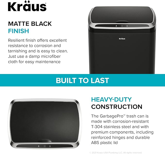 Kraus GarbagePro Rectangular 13 Gallon Hands-Free Motion Sensor Trash Can Battery Operated in Matte Black Finish with SoftShut Touchless Lid, KTCS-10MB