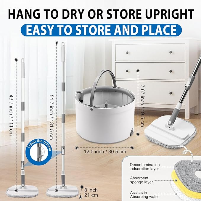 Spin Mop and Bucket with Wringer Set, 360° Spinning Mop Bucket with Separate Dirty and Clean Water System with 3 Microfiber Mop Pads and 52" Stainless Steel Adjustable Handle for Floor Wall Cleaning