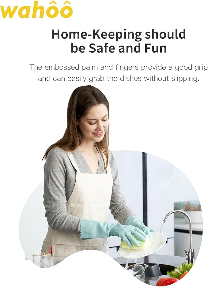 LANON Protection wahoo Skin-Friendly Dishwashing Cleaning Gloves, Dishwashing Kitchen Gloves with Cotton Flocked Liner, Non-Slip, Surf Spray, Large