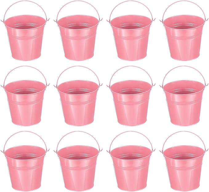 PATIKIL 5.1"x4.7" Small Metal Buckets with Handle, 12 Pcs Mini Galvanized Bucket Colorful Easter Buckets for Crafts Party Favors Decoration, Pink