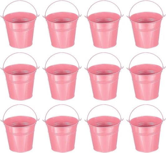 PATIKIL 5.1"x4.7" Small Metal Buckets with Handle, 12 Pcs Mini Galvanized Bucket Colorful Easter Buckets for Crafts Party Favors Decoration, Pink