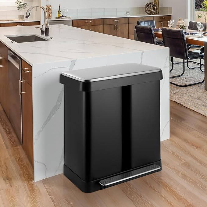16 Gallon Dual Compartment Trash Can, Hands-Free Recycling Rectangular Garbage Bin, Stainless Steel Step-On Dustbin with Soft-Close Lid, Removable Inner Buckets, for Kitchen Home