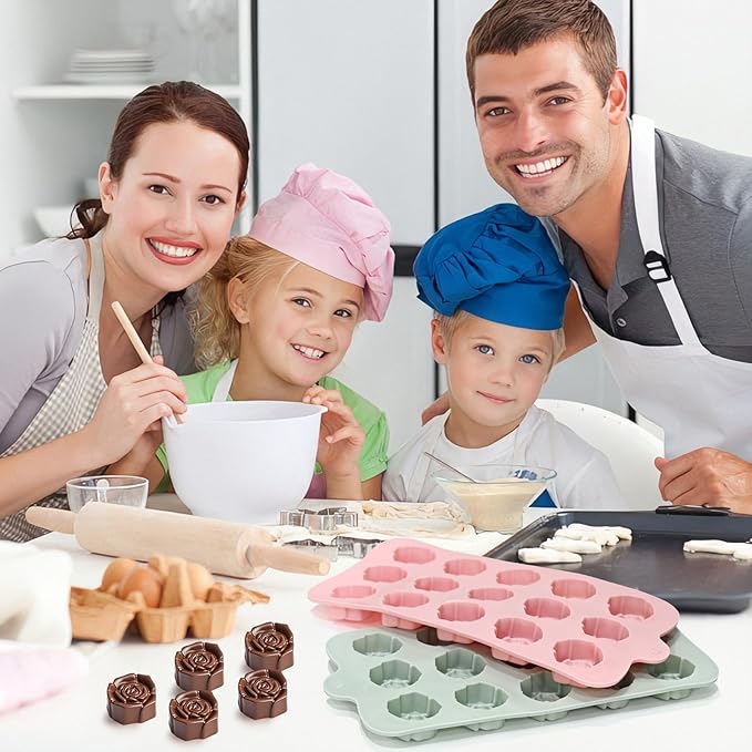 2 Pcs Rose Mold Silicone, 15 Cavity Flower Silicone Molds, Non Stick Rose Ice Cube Mold for Candy, Chocolate, Soap, Cupcake Decoration, Jelly, Dishwasher Safe, Pink + Gray