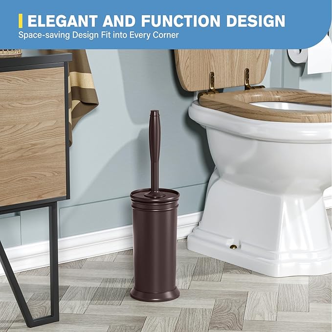 UPTRONIC Toilet Brush, Aluminum Alloy Toilet Brush and Holder Set with Extra Long Handle Durable Bristles Toilet Bowl Brush and Covered Holder for Toilet Scrubber for Bathroom Cleaning(Brown)