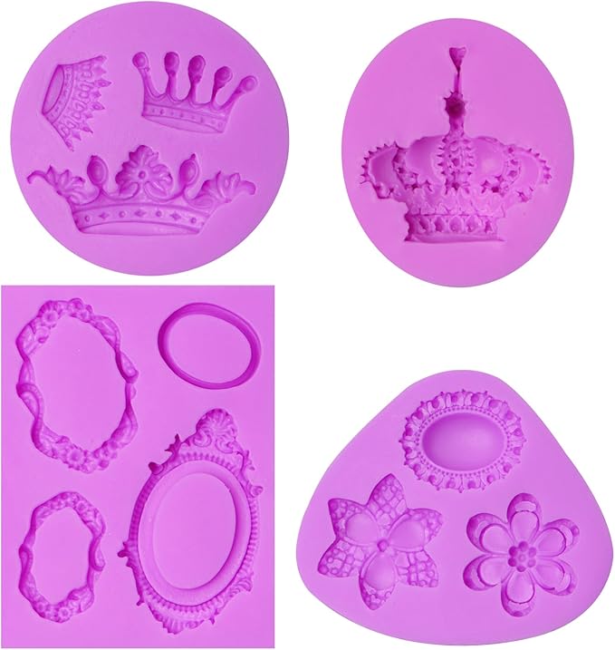 Crown Silicone Molds, Vintage Photo Frame Gem Chocolate Baking Molds, Cake Decoration Fondant Molds for Cupcake Topper Candy Gum Paste DIY Craft Clay Resin Set of 4