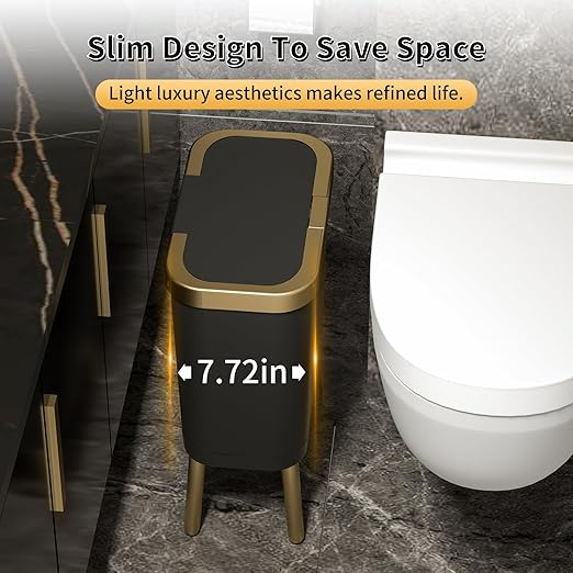 Procade 2Pack Office Trash Can with Lid, 4 Gallon Gold Trash Can Bathroom,Black Garbage Can with Push Button, Narrow Garbage Bin Waste Basket for Bedroom, Kitchen,Toilet(Black x2)