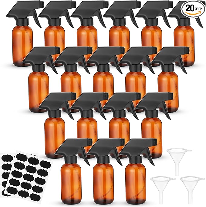 Fumete 20 Pcs 4 oz Glass Spray Bottles Empty Refillable Sprayer Containers with Funnels Labels Black Trigger Sprayers Spray Bottles for Essential Oil DIY Kitchen Hair Plants(Amber)
