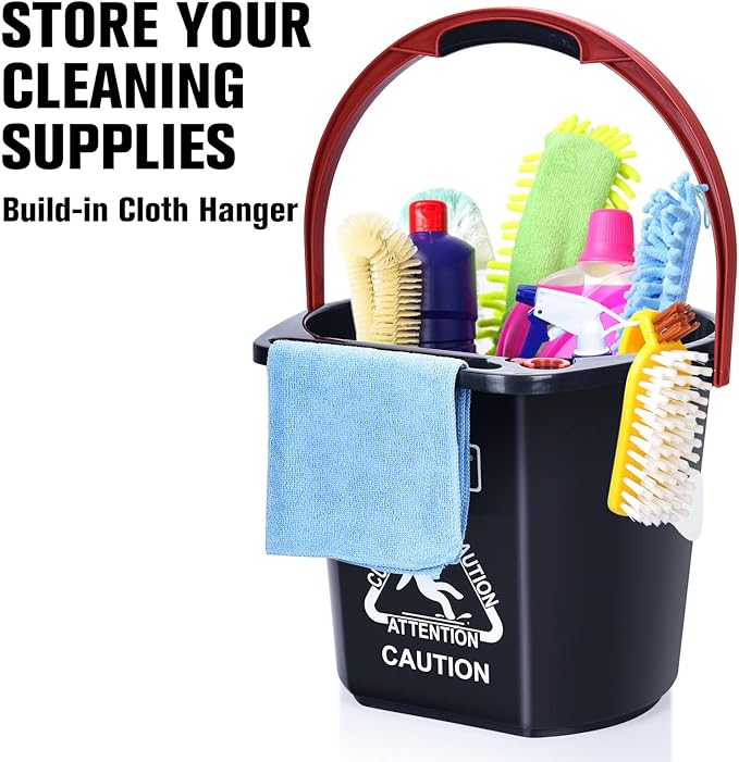 Matthew Cleaning 4.2 Gallon Mop Bucket, Heavy Duty Plastic Cleaning Bucket with Built-in Pour Spout, Mop Holder and Comfort Grip Handle, House and Commercial Cleaning Supplies, 1 Pack Black