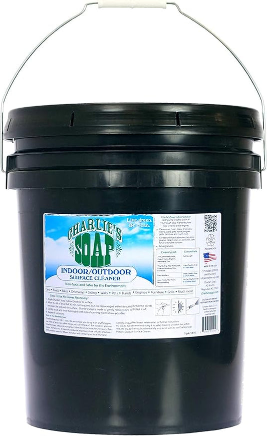 Charlie's Soap Indoor & Outdoor Surface Cleaner (5 Gallon Bucket) Natural Outdoor Cleaning Spray – Safe for Indoor Use – Non-Toxic and Biodegradable